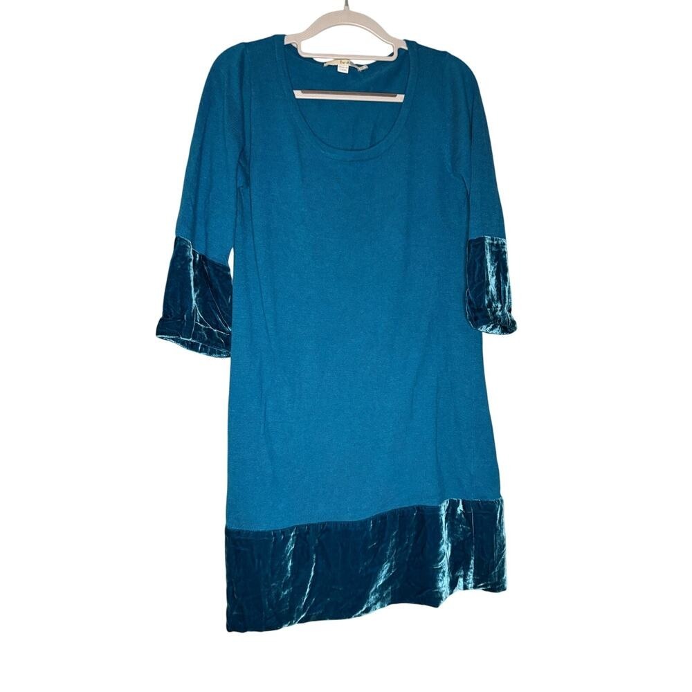 Boden Teal Blue Turquoise Silk Contrast Velvet Dress midi